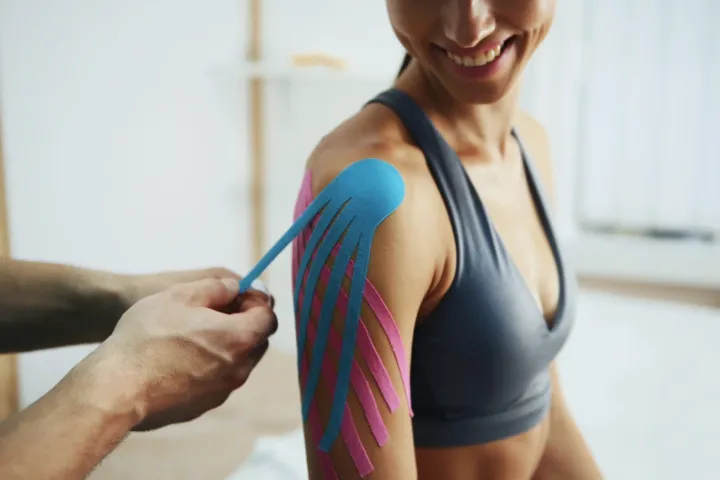 Kinesiotape wird an der Schulter angelegt