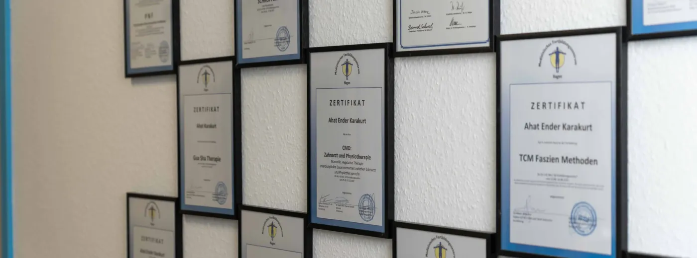 Wand mit gerahmten Urkunden und Zertifikaten von Ahat Ender Karakurt